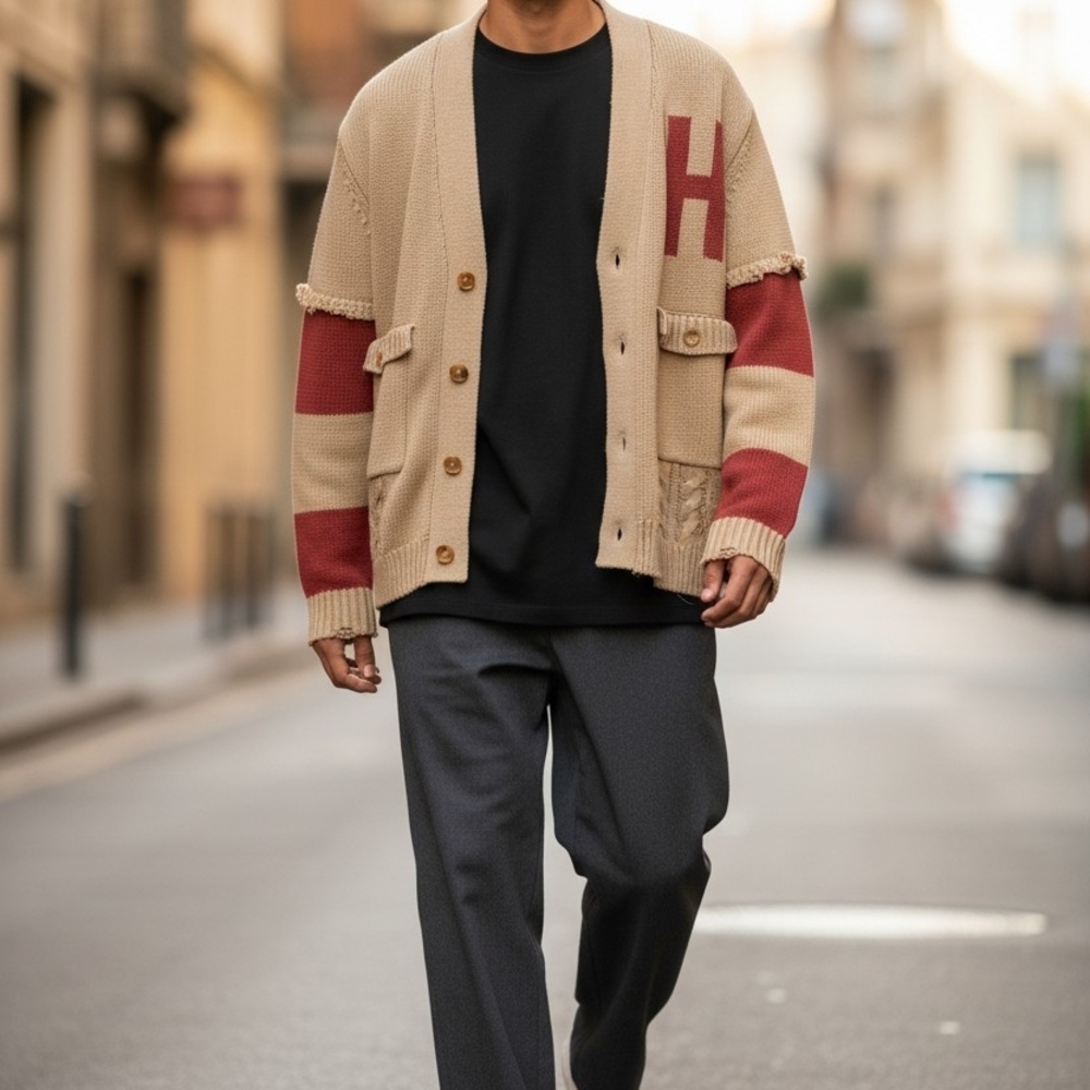 Men's Beige and Red Cardigan Sweater